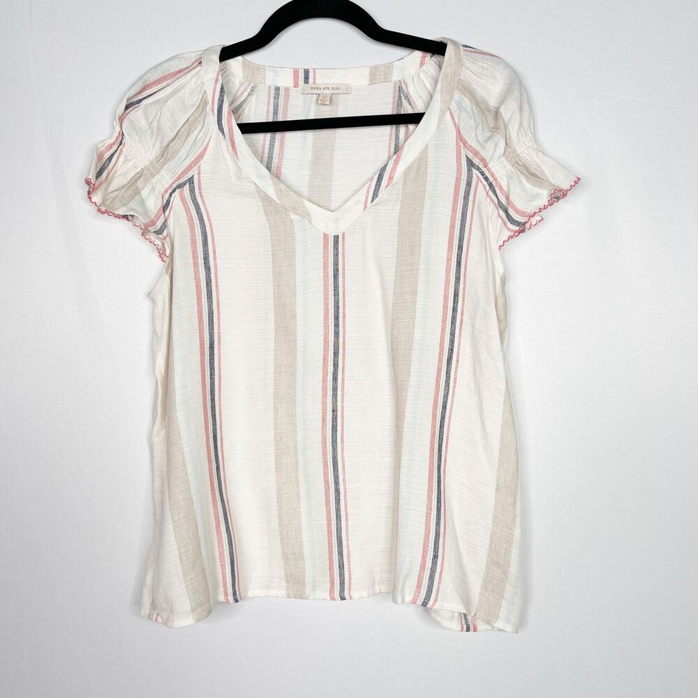 Skies Are Blue XSmall XS Cream Striped Flared Short Sleeve Blouse Top V Neck Tan